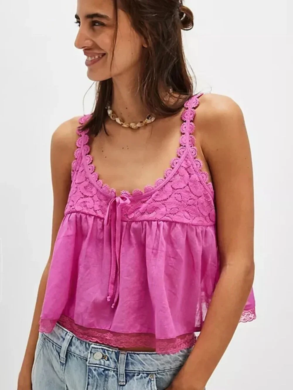 Free People Stevie Lace Tank Top Cropped Babydoll Scoop Neck Lace Tie M